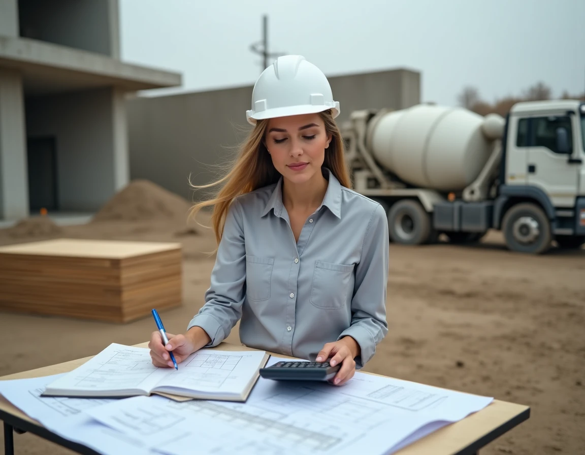 Ingénieure de chantier vérifiant les calculs de volume de béton sur ses plans techniques