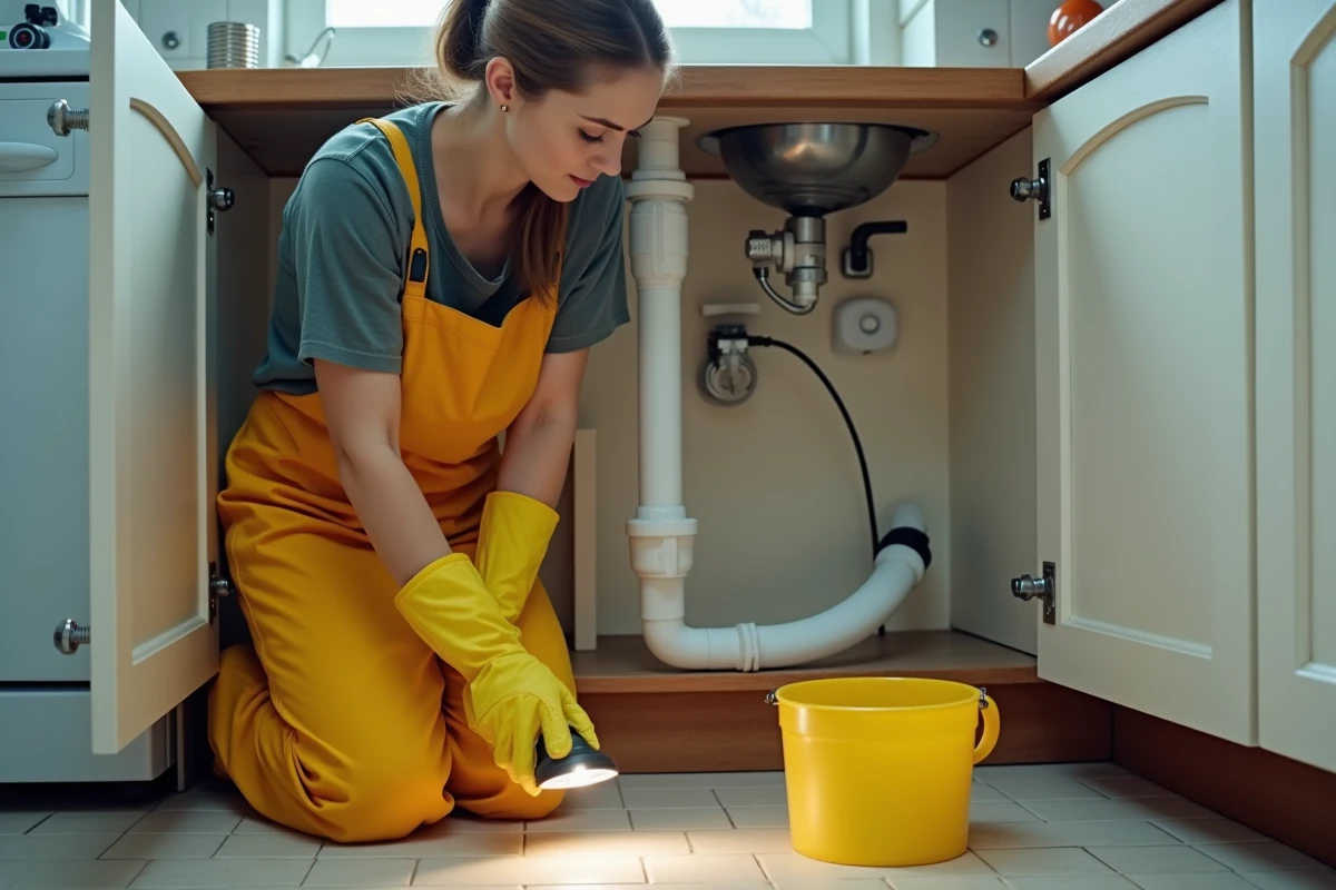 Femme inspectant les canalisations sous l'évier de cuisine avant l'application d'un produit déboucheur acide