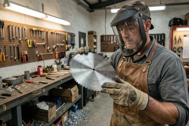 Technicien en atelier inspectant un disque à tronçonner métallique usagé pour évaluer son état et prolonger sa durée de vie