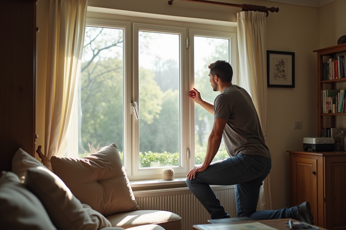 Installateur inspectant une fenetre double vitrage ancienne