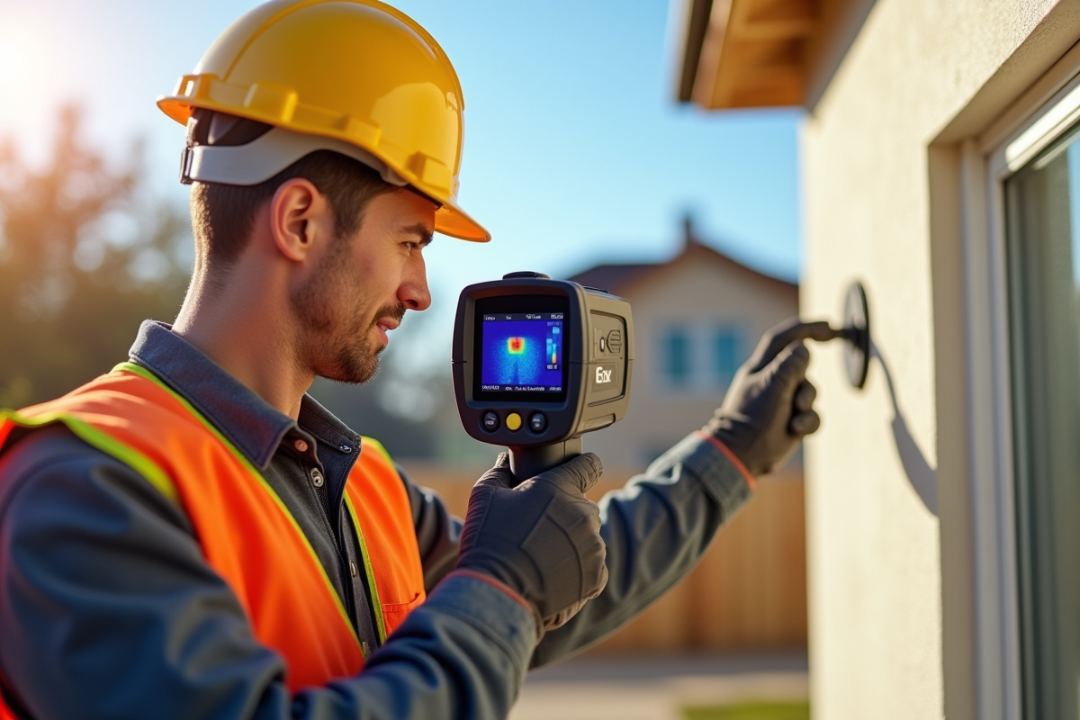 Ouvrier en safety utilisant camera thermique sur mur bien isolé ensoleille