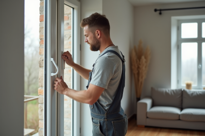 Installateur de fenêtre en intérieur vérifiant l'ajustement