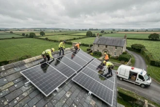 Équipe d'installateurs de panneaux solaires travaillant sur un toit en Bretagne avec un paysage rural en arrière-plan
