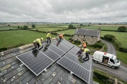 Équipe d'installateurs de panneaux solaires travaillant sur un toit en Bretagne avec un paysage rural en arrière-plan