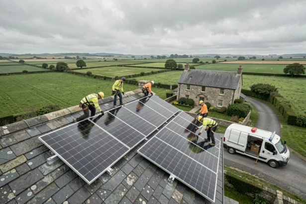Équipe d'installateurs de panneaux solaires travaillant sur un toit en Bretagne avec un paysage rural en arrière-plan