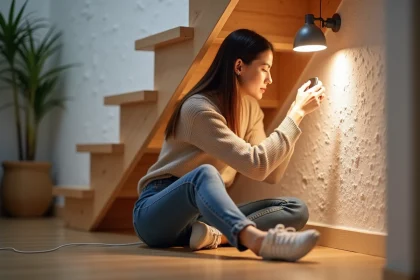 Femme installant une bande LED sous un escalier moderne