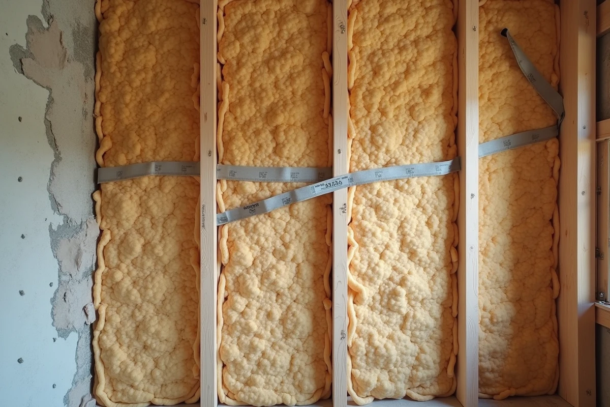 Panneau isolant en fibre de bois installé entre des montants en bois dans une paroi de maison en rénovation