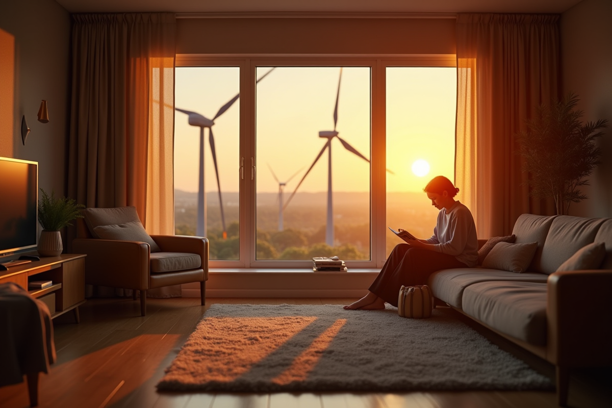 Intérieur cosy avec turbine éolienne et appareils économes