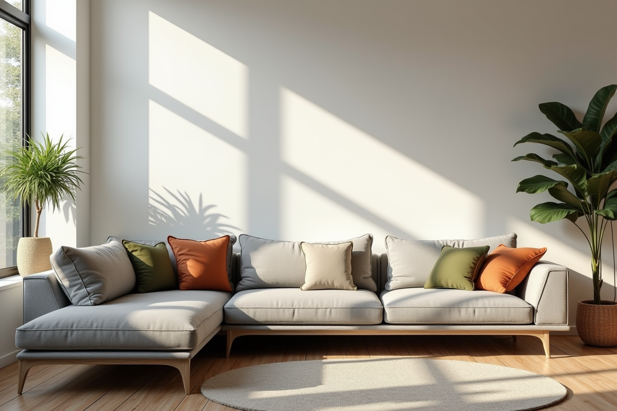 Intérieur scandinave avec canapé gris et coussins neutres