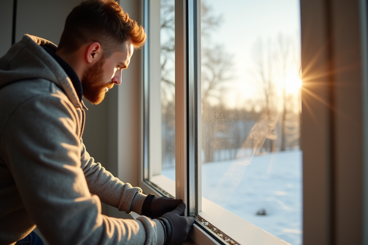 Personne posant du calfeutrage sur une fenêtre en hiver dans un salon lumineux
