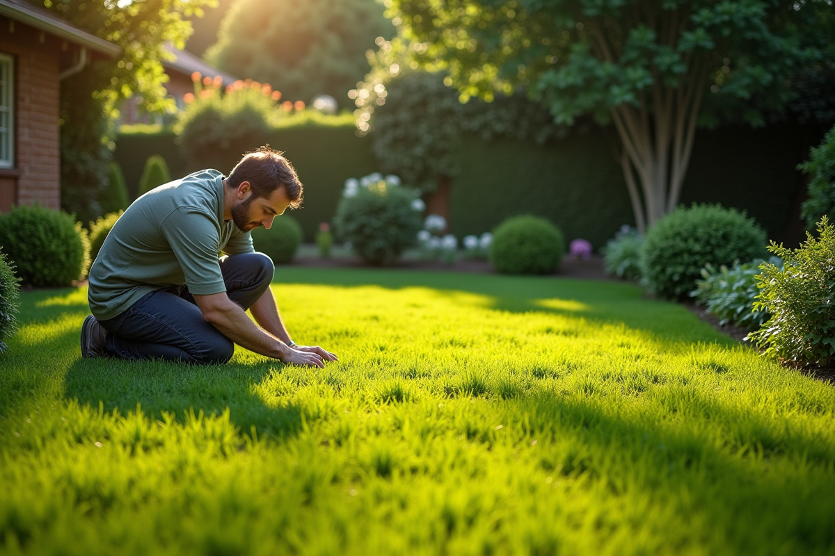 Jardin avec pelouse patchy et un jardinier examinant le gazon