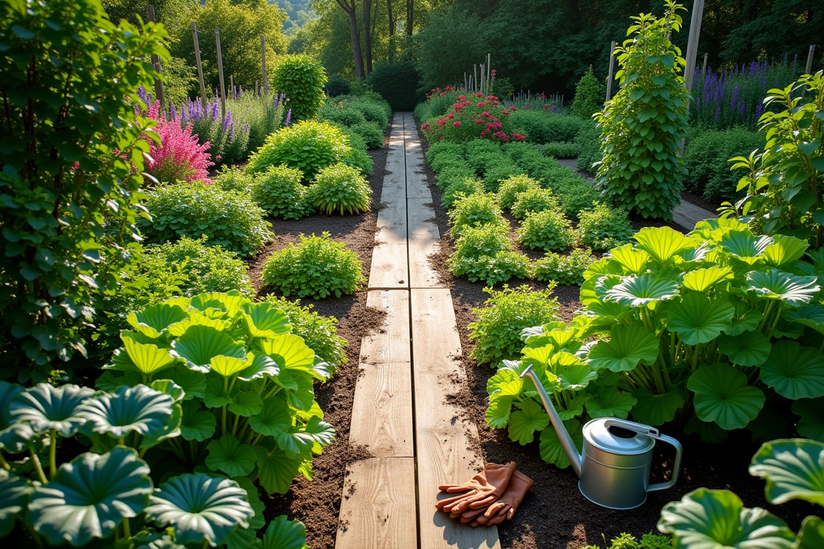 Vue aérienne d'un jardin permaculture coloré avec chemins en bois