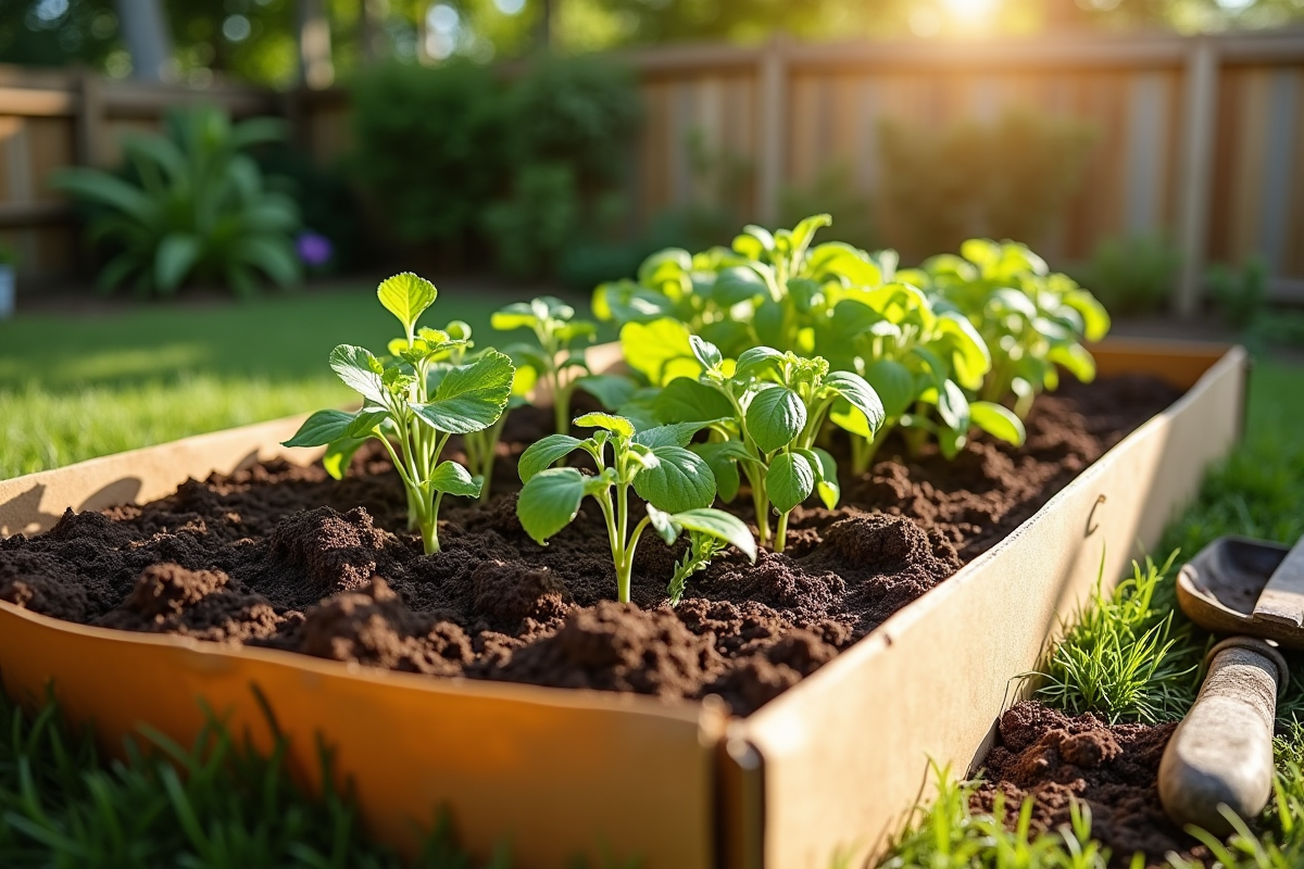 Plateau de jardin sur une terrasse ensoleillée avec terre et jeunes plants