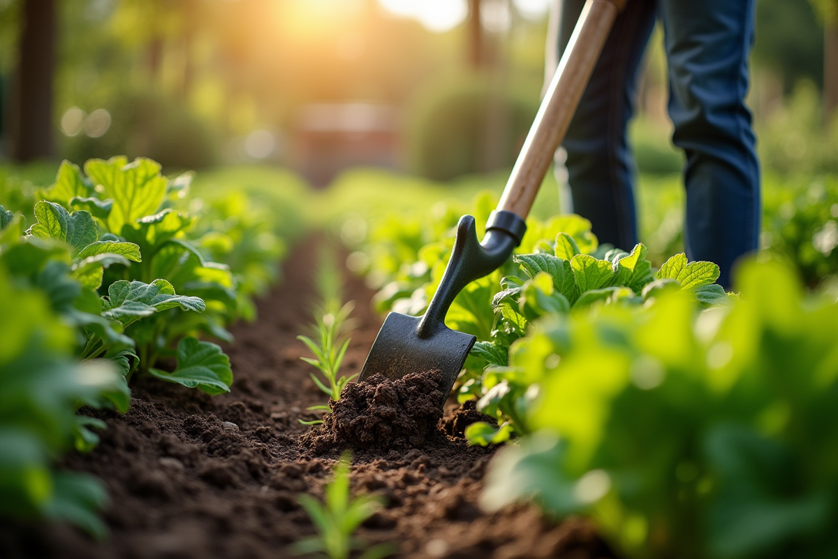 Jardinier utilisant un outil pour désherber un jardin potager sain