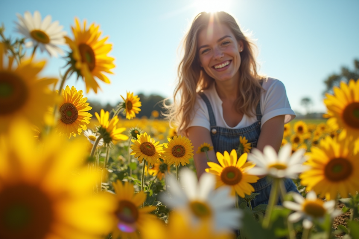 Personne souriante dans un jardin avec fleurs en pleine floraison