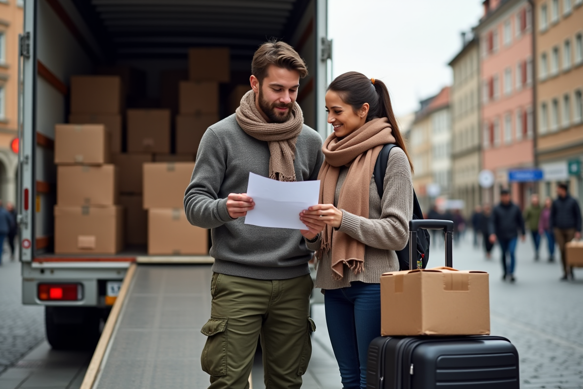 Jeune couple préparant leur déménagement dans la rue
