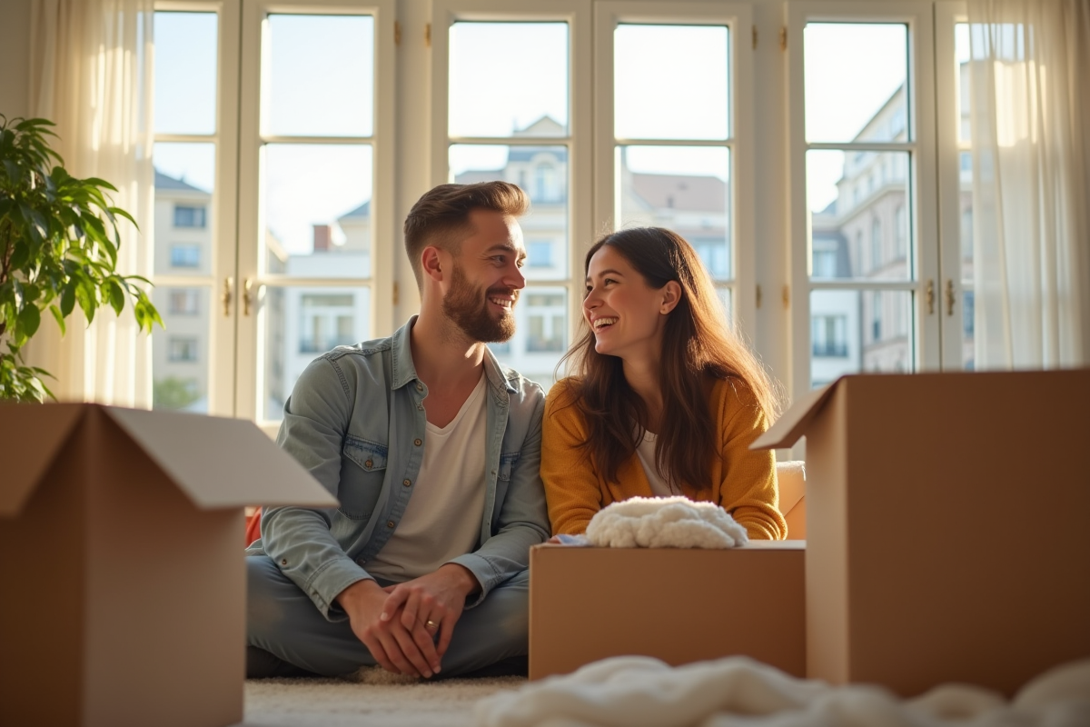 Jeune couple dans leur nouvel appartement souriant