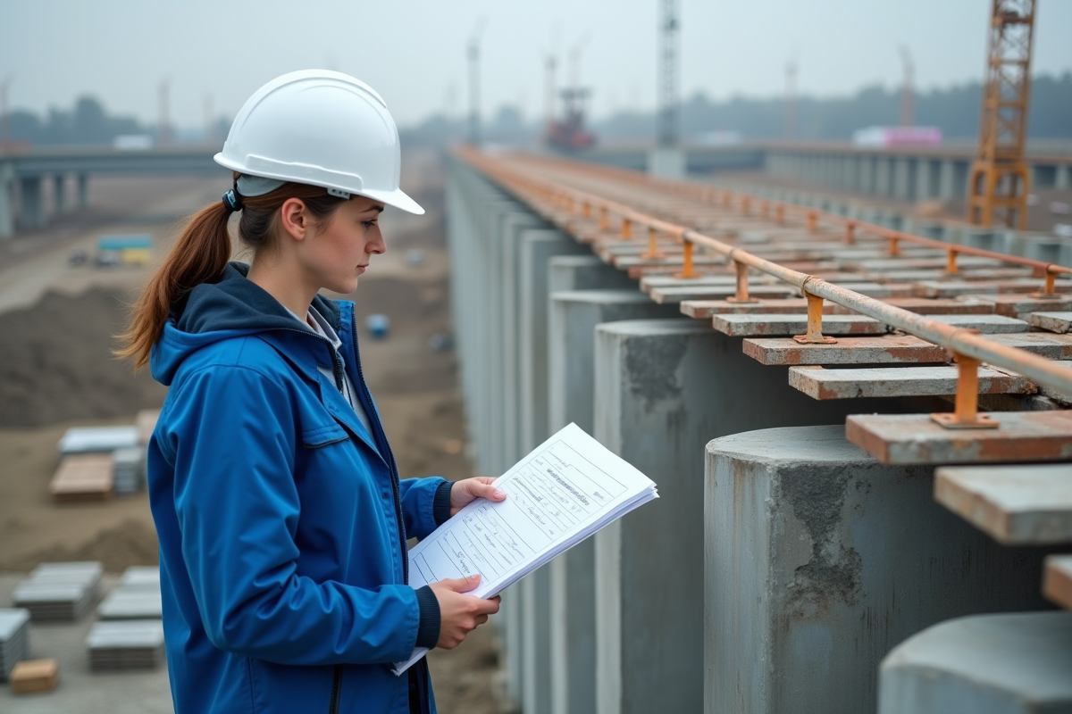 Jeune ingénieure inspectant un pont en construction avec un plan