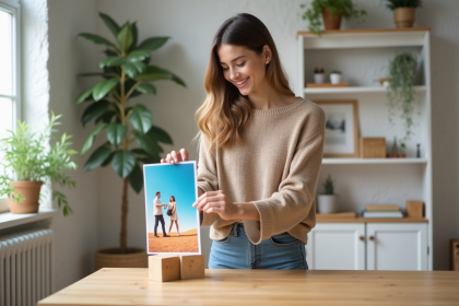 Jeune femme arrangeant une affiche de film dans un salon minimaliste