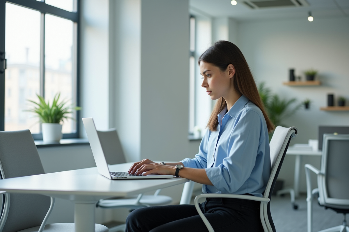 Jeune femme au bureau travaillant sur son ordinateur portable
