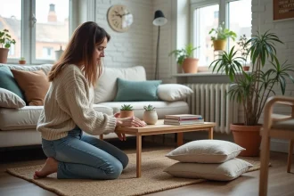 Jeune femme arrangeant decor thrift dans un appartement