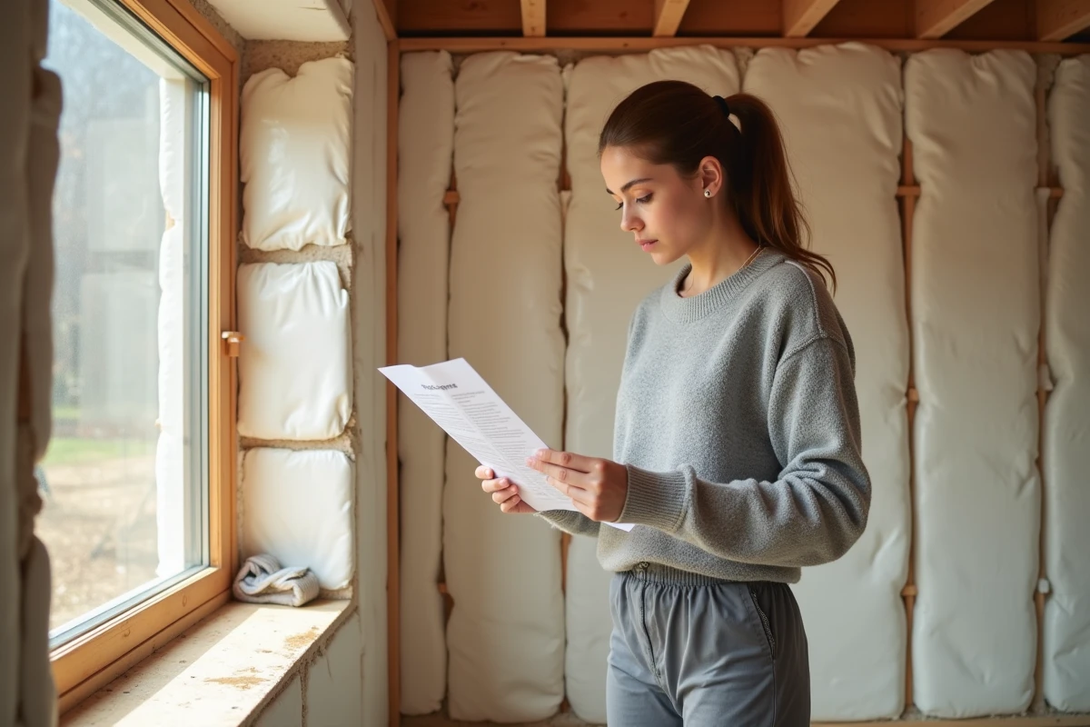 Jeune femme lisant une notice d isolation dans un chantier