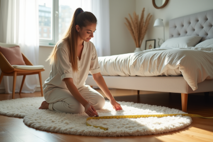Jeune femme en loungewear mesure un tapis rond dans une chambre lumineuse