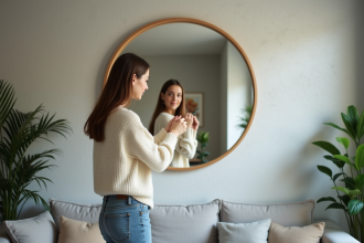 Jeune femme ajustant un miroir rond dans un salon contemporain