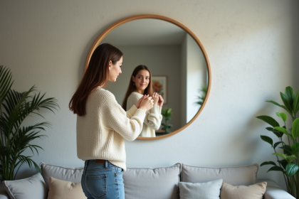 Jeune femme ajustant un miroir rond dans un salon contemporain