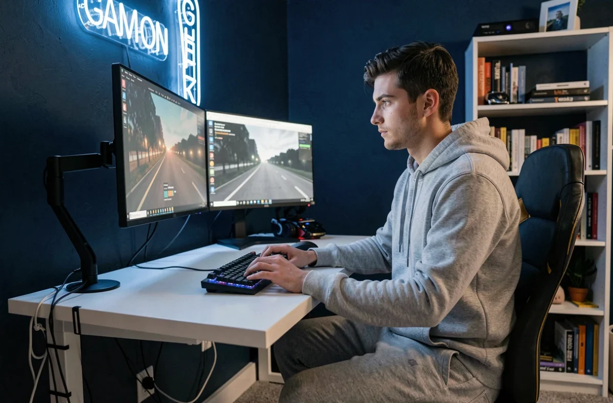 Jeune homme gamer assis à son bureau gaming dans une petite chambre décorée avec néon et double écran sans aucun travaux