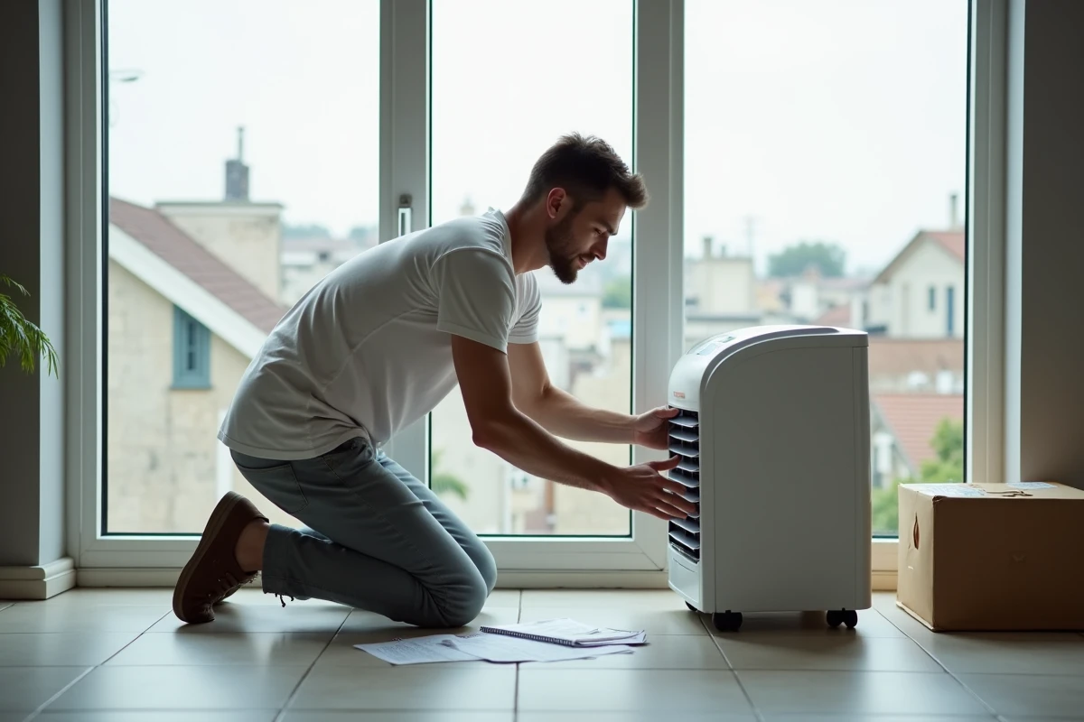 Jeune homme installant un climatiseur portable pr&egrave;s d