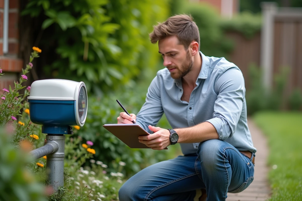 Jeune homme v&eacute;rifiant le compteur d