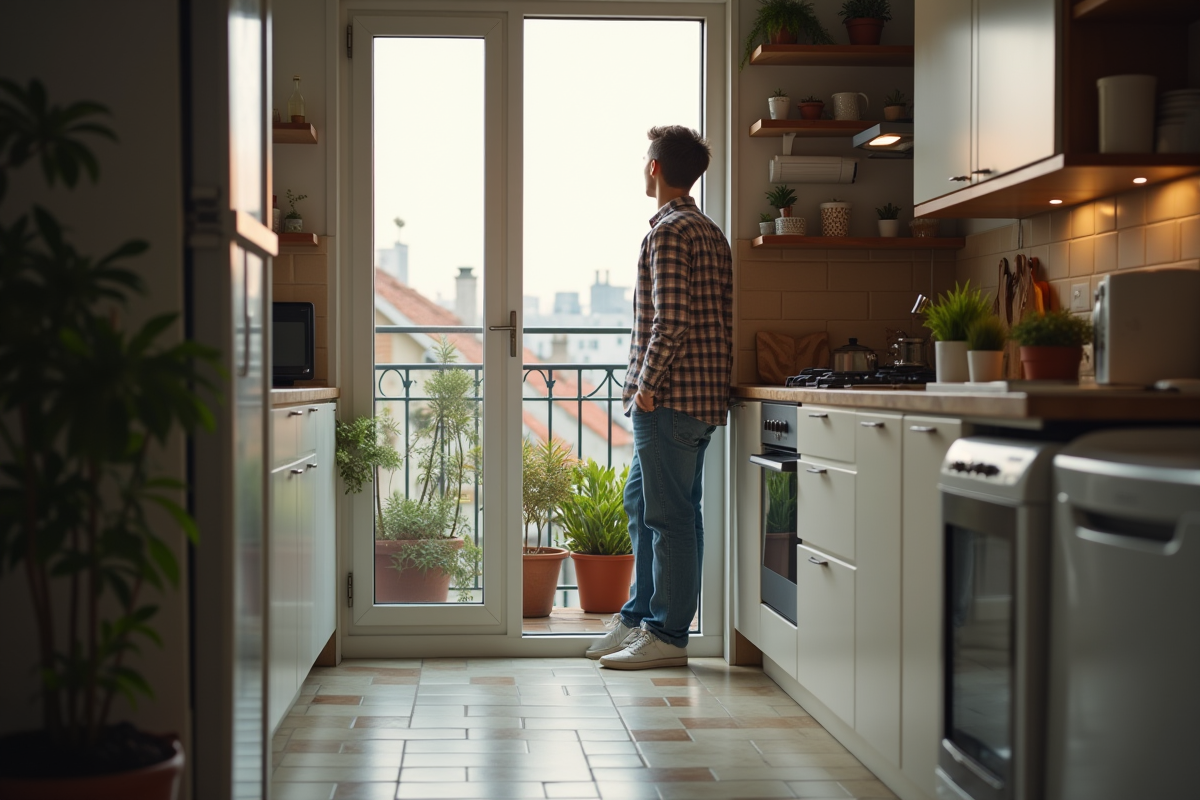 Jeune homme ouvrant la porte de la cuisine avec balcon urbain
