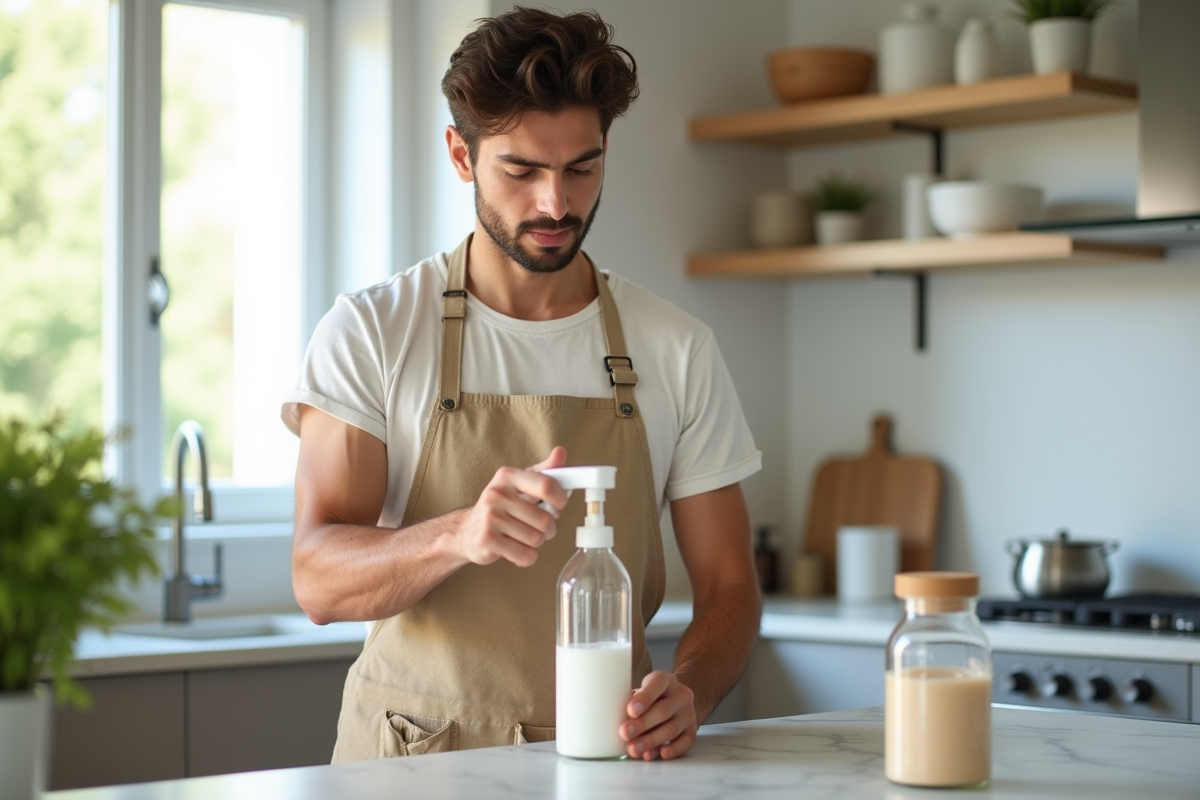 Jeune homme préparant un spray naturel dans une cuisine moderne lumineuse