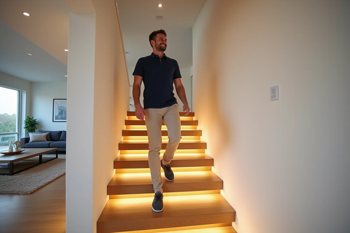 Jeune homme v&eacute;rifiant l&rsquo;&eacute;clairage LED sur un escalier flottant
