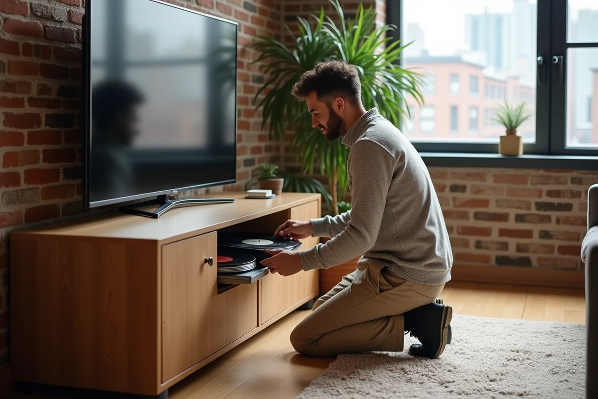 Jeune homme posant un vinyle dans meuble sur mesure