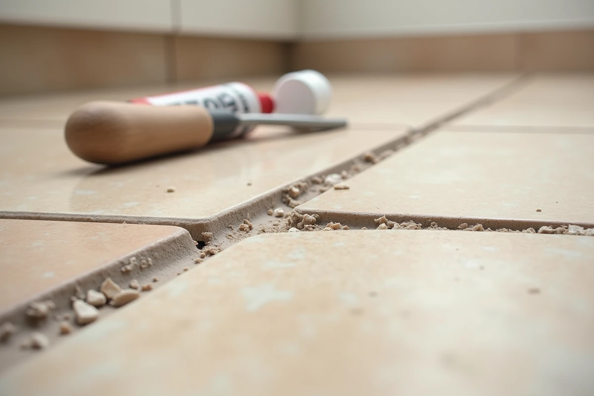 Gros plan sur un joint de dilatation en carrelage dégradé avec joint époxy effondré et bord de carreau soulevé sur sol cuisine