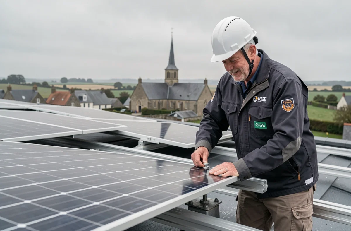 Deux techniciens de Kergus Joseph SARL Plerneuf collaborant sur une installation solaire RGE en Côtes-d'Armor