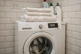 Lave-linge Valberg à petit budget installé dans une petite buanderie d'appartement urbain