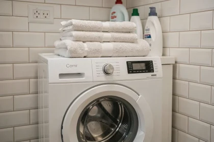 Lave-linge Valberg à petit budget installé dans une petite buanderie d'appartement urbain