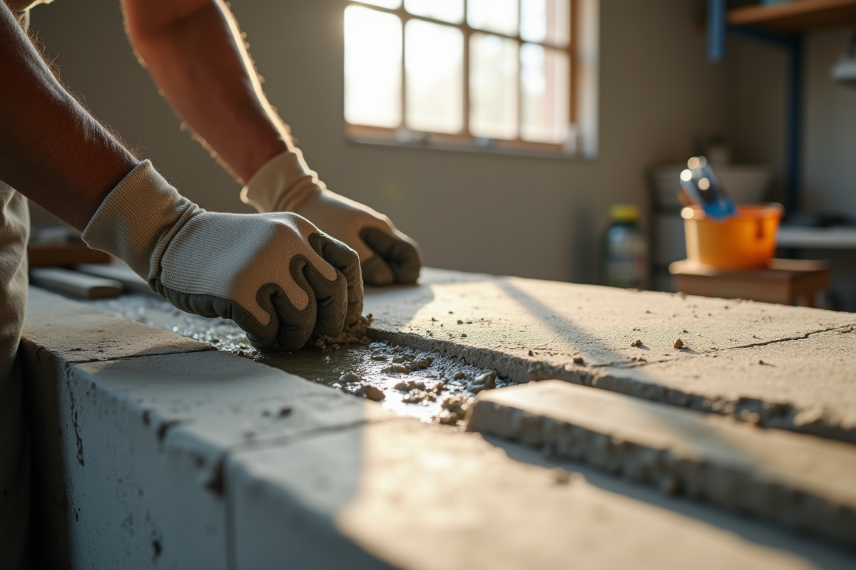 Mains de maçon en gants appliquant du ciment sur un mur en béton