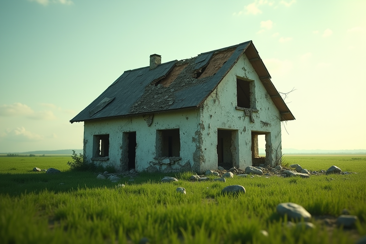 Maison abandonnée avec vitres cassées dans un champ vert