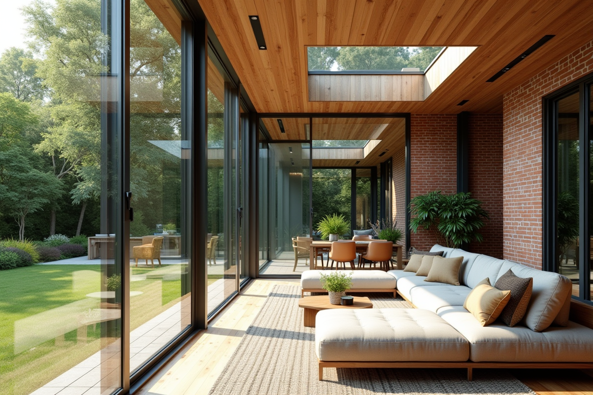 Maison moderne en brique avec véranda lumineuse et jardin