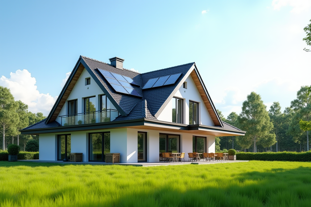 Maison moderne avec panneaux solaires et jardin vert