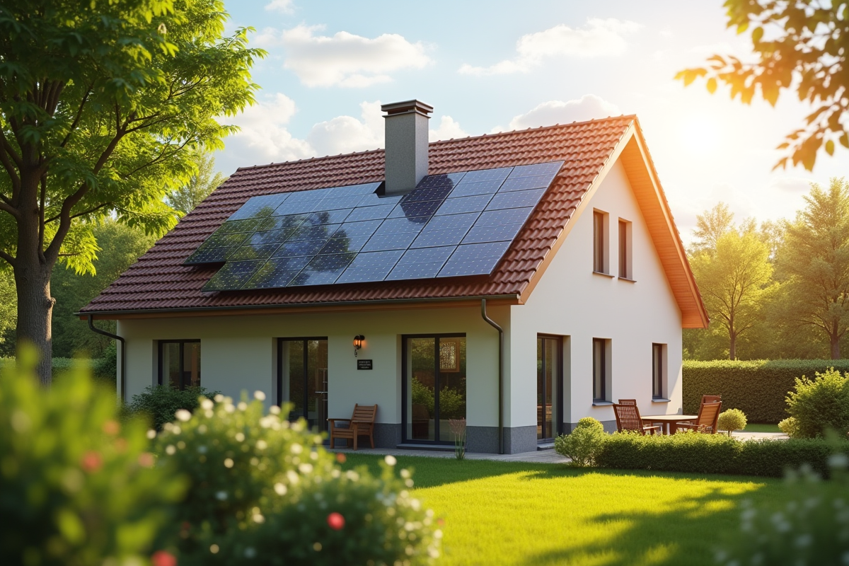 Maison écologique avec panneaux solaires et jardin vert