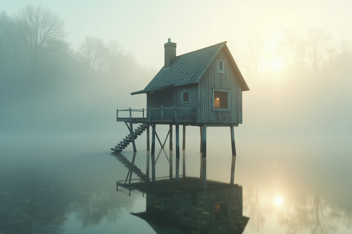 Petite maison en bois ancienne sur pilotis au lever du jour