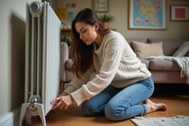 Jeune maman en sweater attache un radiateur dans le salon
