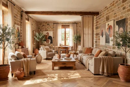 Showroom de décoration intérieure dans l'Hérault avec mobilier méditerranéen, murs en pierre et parquet en chêne