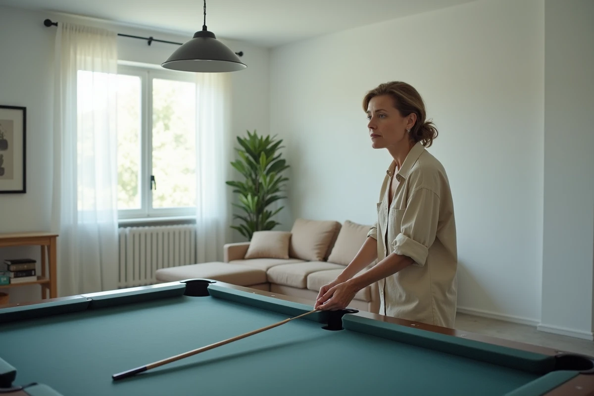 Femme mesurant l'espace autour d'une table de billard américain de 7 pieds dans un appartement moderne