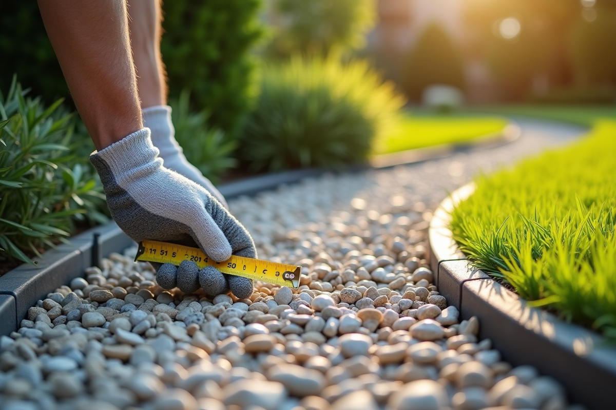 Main gantée mesurant la profondeur du gravier dans le jardin